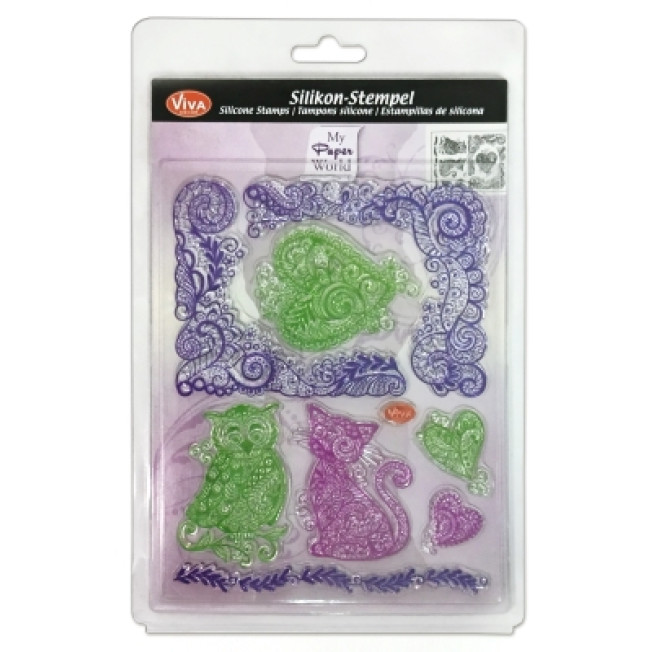 Штампы силиконовые "Кошка, Сова и Сердца", 14*18см