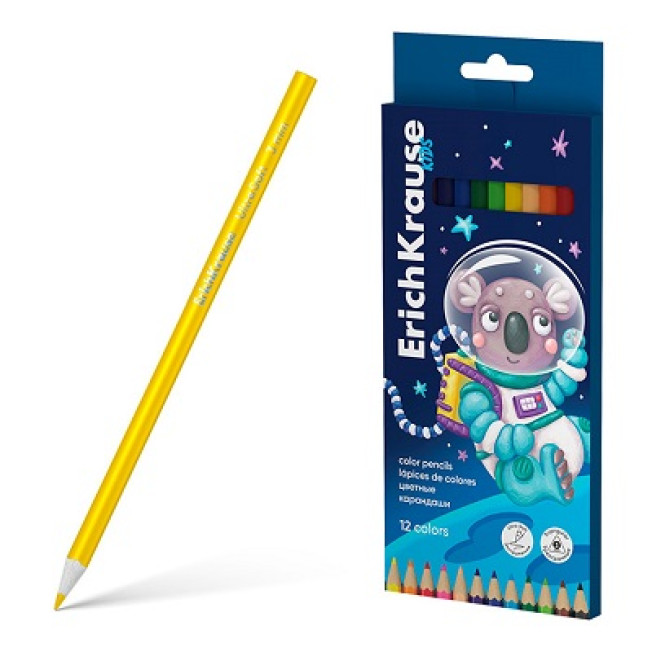 Карандаши цветные ErichKrause "Kids Space Animals" 12 цв. дерево, трехгранные