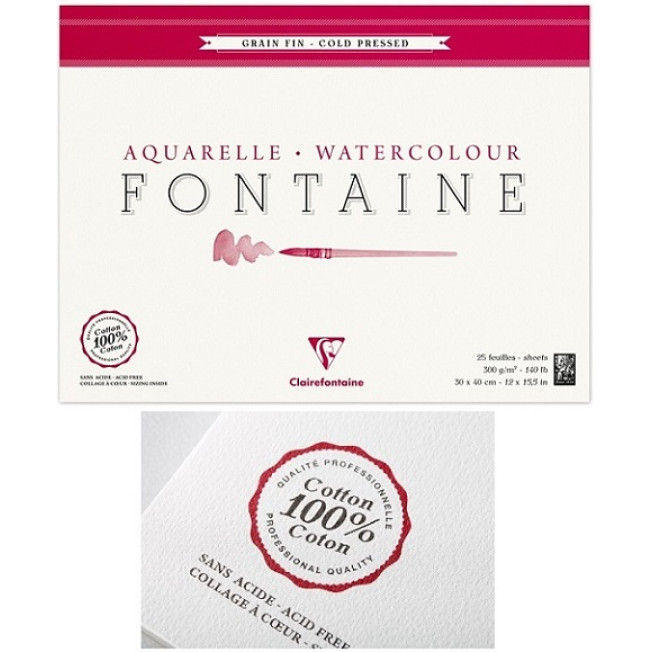 Бумага для акварели "Fontaine Grain Fin" 30*40см 300г/м холодный пресс, мелкое зерно Clairefontaine