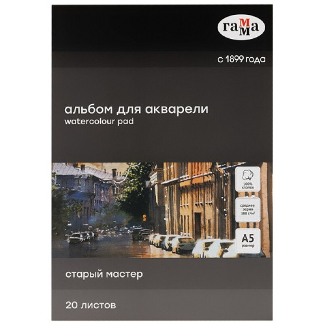 Альбом для акварели "Старый Мастер" А5 300гр среднее зерно, хлопок 100% 20л Гамма
