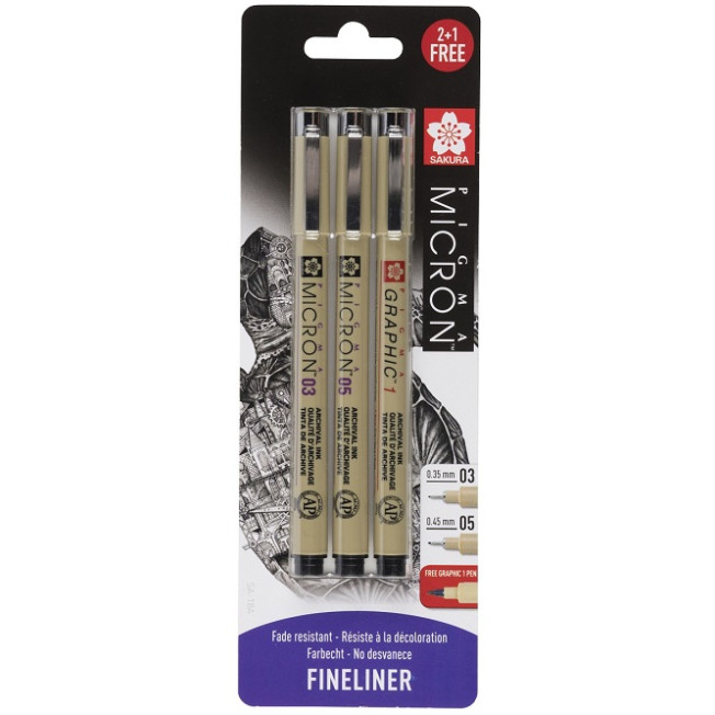Набор капилярных ручек Pigma Micron 3шт (0.35мм 0.45мм + graphic 1мм) Черный