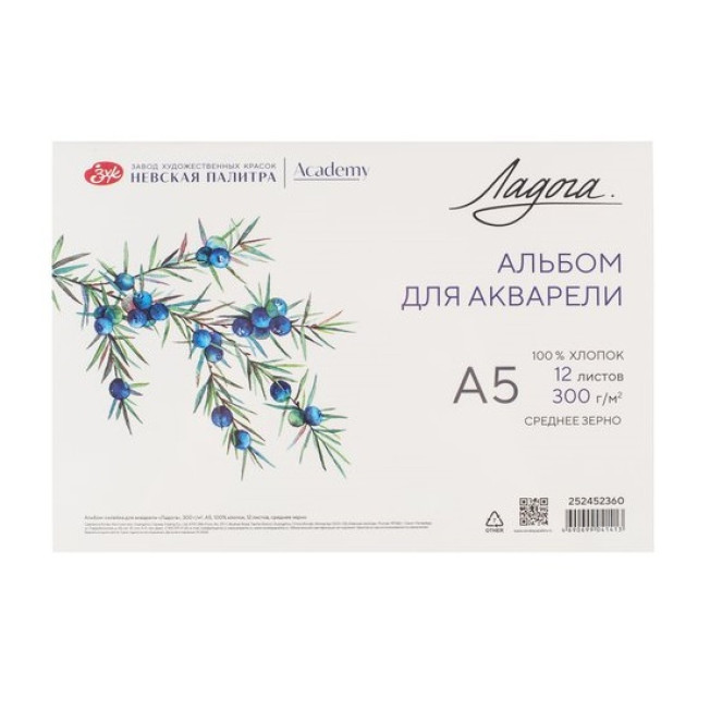Альбом-склейка для акварели "Ладога", 300 г/м2, А5 100% хлопок, 12 л., среднее зерно