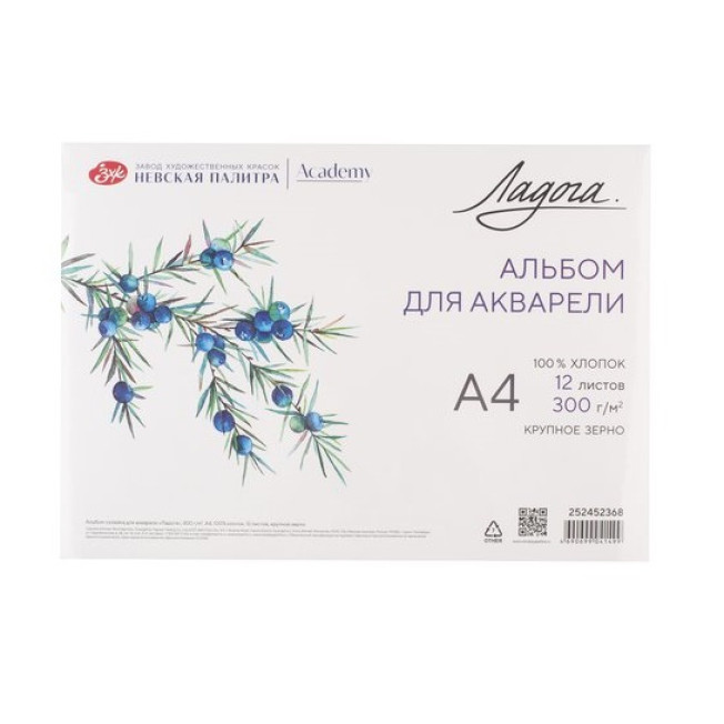 Альбом-склейка для акварели "Ладога", 300 г/м2, А4 100% хлопок, 12 л., крупное зерно