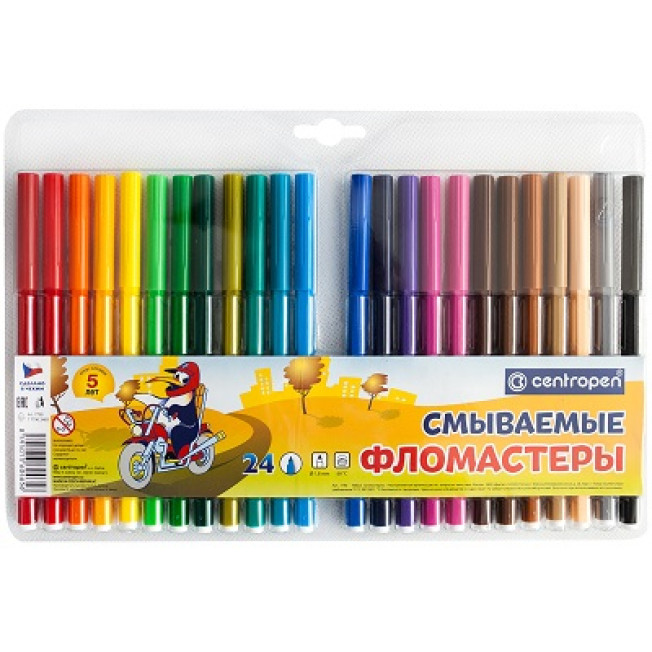 Фломастеры "Washable" 24 цв. смываемые, в блистере, Centropen