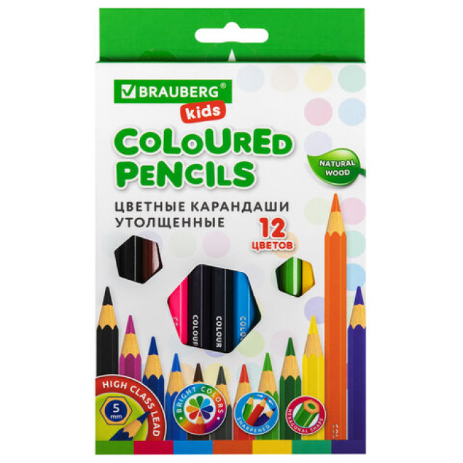 Карандаши 24цв BRAUBERG KIDS утолщенные, грифель 5мм